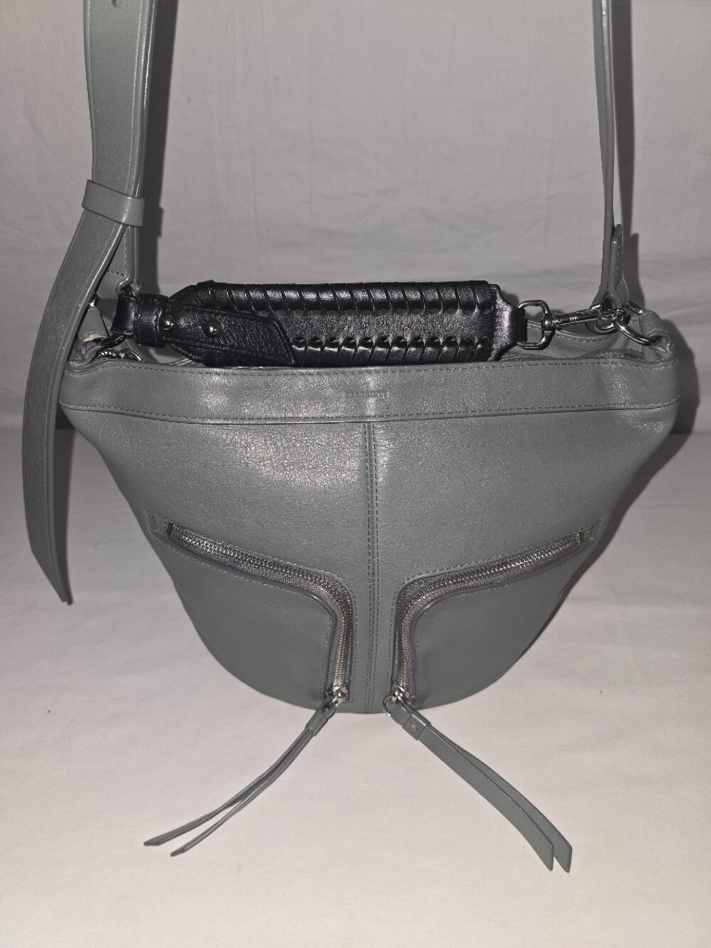 All Saints Fetch Mink Gray Leather Crossbody Bag With Whipstitch Top Handle - Picture 5 of 8